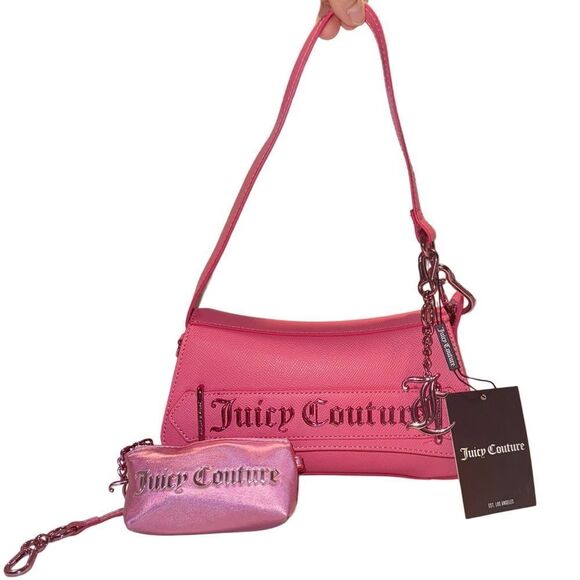Juicy Couture Hot Pink Faux Leather Jasmine Flap Hobo Bag w/ Metallic Mini Pouch - Picture 2 of 16